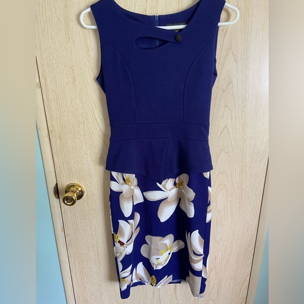 🩷 Oxiuli Fashions Korean Dress Navy Fitted Floral Peplum Dress Sz Small - Picture 3 of 11